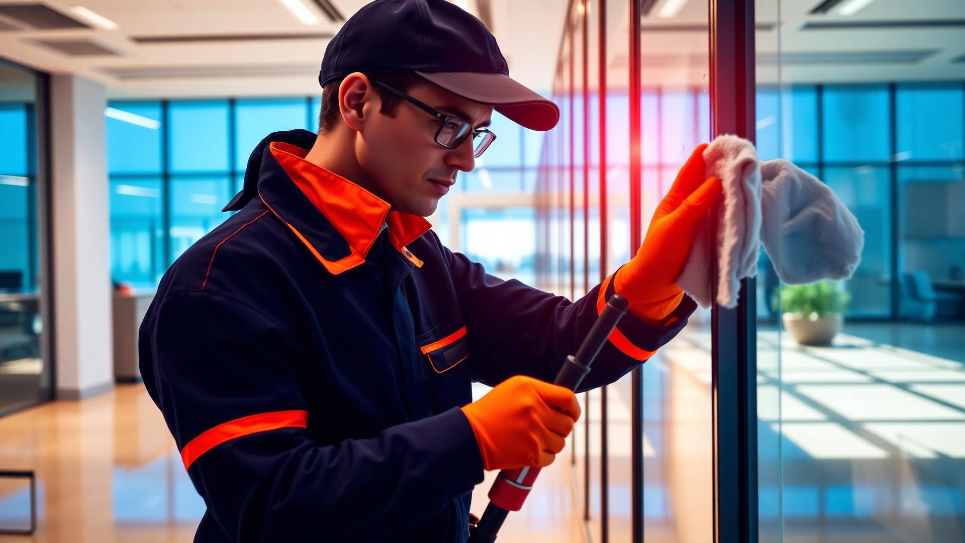 Reinigungskraft in dunkelblauer Uniform mit orangen Akzenten reinigt eine Glasfront in einem modernen Bürogebäude